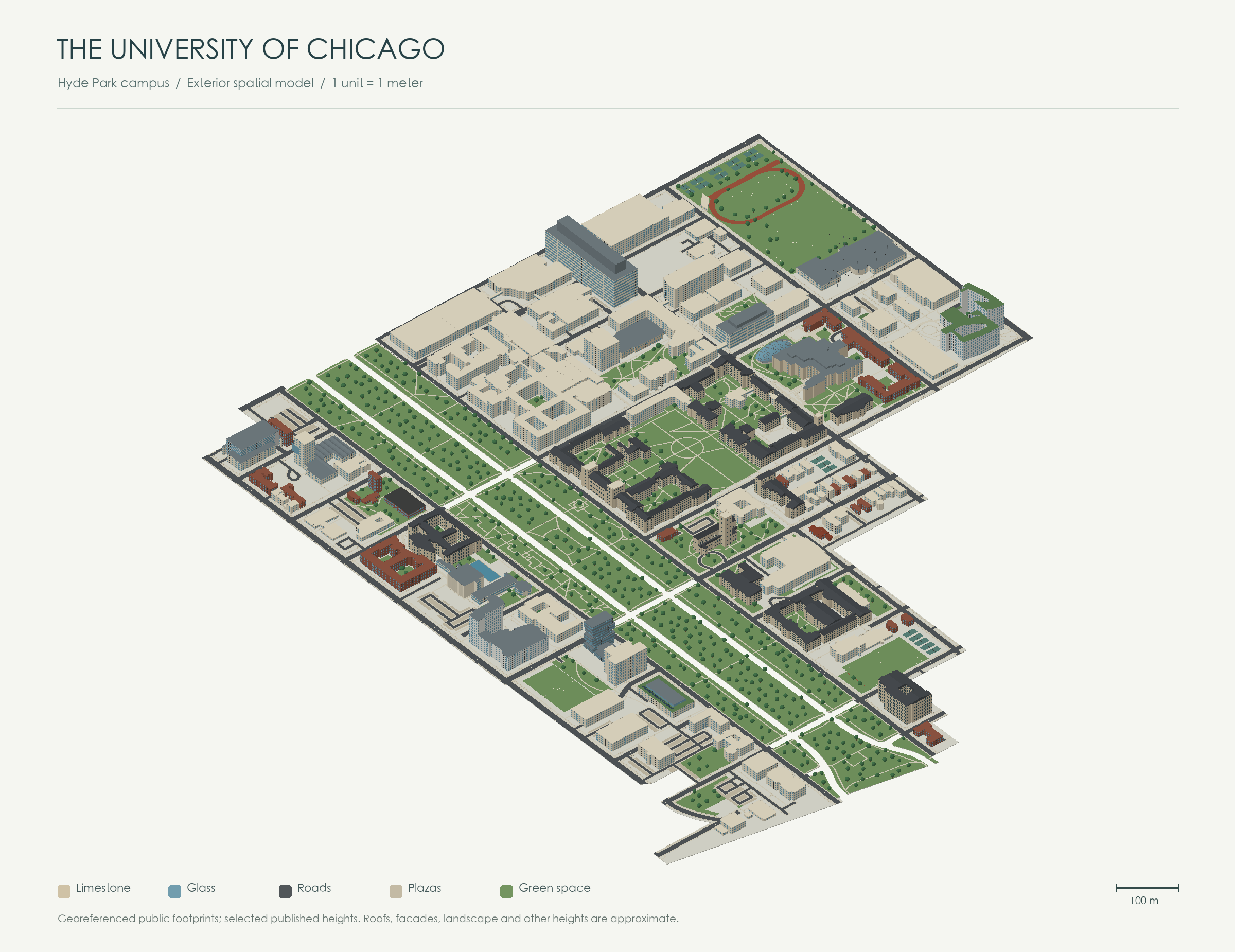 Bird’s-eye 3D exterior model of the University of Chicago Hyde Park campus, with buildings, streets, plazas and green spaces.